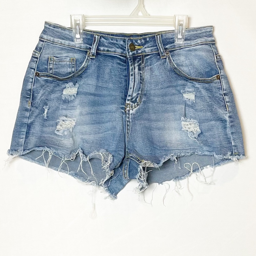 Distressed Blue Denim Shorts frayed hemline